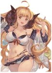  ahoge anila_(buddhism) anila_(granblue_fantasy) blonde_hair breasts draph granblue_fantasy horns large_breasts long_hair open_mouth sheep_horns short_eyebrows smile swimsuit yellow_eyes 