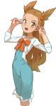 1girl :d blue_dress brown_eyes brown_hair collarbone covered_navel cropped_legs dress hair_ornament highres long_hair looking_at_viewer mikan_(pokemon) nyonn24 open_mouth orange_neckwear pokemon pokemon_(game) pokemon_gsc simple_background smile solo standing two_side_up very_long_hair white_background 