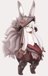  1girl animal_ears animal_helmet blush closed_mouth collarbone commentary dot_nose fake_animal_ears flat_chest full_body grey_background hair_between_eyes helmet horned_helmet horns karukan_(monjya) long_hair looking_at_viewer made_in_abyss nanachi_(made_in_abyss) navel pants prototype puffy_pants rabbit_ears silver_hair simple_background solo spiky_hair standing topless very_long_hair white_eyes 