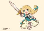  1girl armor blonde_hair breastplate brown_gloves chibi dress floating_hair full_body gloves greaves green_eyes grey_background holding holding_sword holding_weapon knight kotatsu_(g-rough) long_hair open_mouth original outstretched_arm princess_freia_(kotatsu_(g-rough)) signature simple_background solo sword very_long_hair weapon 