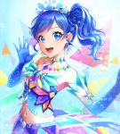  1girl aikatsu!_(series) blue_eyes blue_hair earrings gloves jewelry kiriya_aoi looking_at_viewer midriff navel necklace side_ponytail smile 
