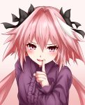  1boy absurdres astolfo_(fate) bangs black_bow blush bow center_frills fang fate/apocrypha fate_(series) finger_to_mouth hair_between_eyes hair_intakes highres index_finger_raised long_hair long_sleeves looking_at_viewer low_twintails multicolored_hair nagishy open_mouth otoko_no_ko pink_hair purple_shirt shirt shushing skin_fang smile streaked_hair twintails violet_eyes white_hair 