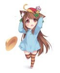  1girl animal_ear_fluff animal_ears animal_on_head arms_up blue_dress brown_eyes brown_hair brown_legwear cape cat cat_ears child crown dress full_body hair_ornament hat headwear_removed highres holding holding_hair kindergarten_uniform leaf leg_lift long_hair on_head open_mouth original pink_footwear red_cape ribbon school_hat shoes simple_background standing standing_on_one_leg striped striped_legwear tamase_tama thigh-highs virtual_youtuber white_background yellow_headwear 