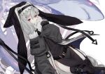  1girl 343_(sashimi) arknights artist_name belt black_belt black_coat black_dress black_headwear black_legwear black_nails closed_mouth coat cowboy_shot dress dutch_angle grey_hair habit hair_between_eyes hand_on_own_cheek hand_on_own_face long_hair long_sleeves looking_at_viewer nail_polish pelvic_curtain red_eyes shark smile solo specter_(arknights) symbol-only_commentary thigh-highs thighs very_long_hair white_background 