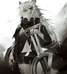  1girl absurdres animal_ear_fluff animal_ears arknights black_nails closed_mouth from_side grey_eyes hair_ornament hairclip highres holding holding_weapon katana lappland_(arknights) long_hair looking_at_viewer pale_skin scar scar_across_eye shorts silver_hair solo standing sword user_xgev2783 very_long_hair weapon wolf_ears 