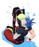  2boys bhh4321 black_shirt blue_eyes blue_hair closed_eyes eyebrows_visible_through_hair full_body galo_thymos gloves green_hair half_gloves highres jacket kiss lio_fotia male_focus multiple_boys promare shirt sitting t-shirt white_background yaoi 