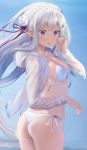  1girl :o absurdres ass bikini braid breasts cowboy_shot drawstring elf emilia_(re:zero) flower french_braid hair_flower hair_ornament highres jacket long_hair long_sleeves looking_away medium_breasts open_clothes open_jacket open_mouth pointy_ears re:zero_kara_hajimeru_isekai_seikatsu seicoh side-tie_bikini sidelocks silver_hair solo string_bikini swimsuit thighs very_long_hair violet_eyes white_bikini white_jacket 