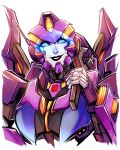  1girl autobot black_lips close-up commission dataglitch english_commentary highres holding holding_wrench nautica no_humans over_shoulder smile solo transformers visor wrench 