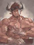  1boy abs bara barawa beard brown_eyes brown_hair chest draph facial_hair gloves goatee granblue_fantasy horns looking_at_viewer male_focus muscle nikism nipples pectoral_grab pectorals pointy_ears shirtless sketch solo veins 