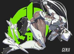  1girl ass black_hair breasts character_name cyborg english_text genderswap genderswap_(mtf) genji_(overwatch) green_eyes hair_between_eyes helmet impossible_clothes katana lol_(harikofu) long_hair ninja overwatch ponytail scabbard sheath shiny shuriken simple_background solo sword symbol weapon weapon_on_back 