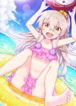  1girl arms_up ball bangs bare_arms bare_legs bare_shoulders barefoot beachball bikini collarbone commentary_request day dutch_angle eyebrows_visible_through_hair flower girls_frontline grey_hair hair_between_eyes haradaiko_(arata_himeko) high_ponytail highres holding holding_ball horizon innertube knees_up layered_bikini long_hair navel ocean outdoors pink_bikini ponytail purple_flower scar scar_across_eye sitting soles solo swimsuit transparent ump45_(girls_frontline) very_long_hair water yellow_eyes 