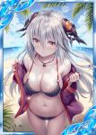  1girl amber_(gemstone) bare_shoulders beach bikini black_bikini breasts calamity_(shinkai_no_valkyrie) card_(medium) hair_ornament holding holding_clothes holding_jacket jacket jewelry large_breasts long_hair looking_at_viewer necklace ocean official_art orange_eyes palm_tree purple_jacket shinkai_no_valkyrie shy side-tie_bikini silver_hair striped striped_bikini swimsuit tree 