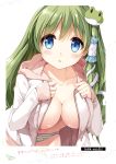  1girl absurdres bangs blue_eyes breasts collarbone eyebrows_visible_through_hair green_eyes hair_ornament highres incredibly_absurdres kochiya_sanae long_hair looking_at_viewer medium_breasts miyase_mahiro page_number parted_lips simple_background snake_hair_ornament solo striped touhou underwear 