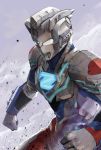  1boy alien clenched_hands highres ikuyoan looking_down no_humans signature solo tokusatsu ultra_series ultraman_z ultraman_z_(series) upper_body white_eyes 