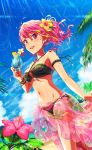  1girl armlet bangs beach bikini black_bikini blonde_hair blue_sky blurry blurry_background bracelet breasts commentary_request cup day depth_of_field drinking_straw dutch_angle earrings eyebrows_visible_through_hair flower groin hair_flower hair_ornament hair_ribbon hibiscus highres holding holding_cup horizon idolmaster idolmaster_million_live! jewelry lens_flare light_rays looking_at_viewer maihama_ayumu medium_breasts medium_hair multicolored_hair navel o-ring open_mouth outdoors palm_tree partial_commentary pineapple_slice pink_eyes pink_flower pink_hair ponytail red_flower ribbon sarong see-through shiro_(ongrokm) sky smile solo standing star_(sky) starry_sky swimsuit tan tree white_ribbon wind yellow_flower 