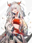  1girl :d arknights bandeau bangs commentary_request cowboy_shot eyebrows_visible_through_hair head_tilt holding horns jacket long_hair long_sleeves looking_at_viewer midriff nian_(arknights) open_mouth partial_commentary pointy_ears samidareame shorts silver_hair smile solo standing stomach strapless tongue tongue_out tubetop violet_eyes white_jacket white_shorts wide_sleeves 