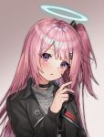  1girl ambriel_(arknights) arknights bangs black_jacket blush commentary eyebrows_visible_through_hair gradient gradient_background grey_background grey_shirt halo hand_up highres holding jacket long_hair looking_at_viewer milcona one_side_up parted_lips pink_hair shirt solo upper_body violet_eyes 
