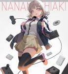  1girl backpack bag black_jacket black_legwear breasts cable character_name collared_shirt controller dangan_ronpa game_console game_controller jacket keyboard_(computer) leg_up long_sleeves looking_at_viewer mary_janes miniskirt nanami_chiaki neck_ribbon open_clothes open_jacket parted_lips pink_footwear pleated_skirt ribbon shirt shirt_tucked_in shoes short_hair skirt sl86 small_breasts solo super_dangan_ronpa_2 thigh-highs white_background white_shirt yellow_skirt zettai_ryouiki 