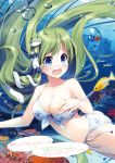  1girl absurdres bangs bikini blue_eyes blue_skirt breasts eyebrows_visible_through_hair green_eyes hair_ornament highres incredibly_absurdres kochiya_sanae long_hair medium_breasts miyase_mahiro page_number simple_background skirt snake_hair_ornament solo swimsuit touhou 