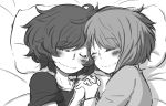  2girls akiyama_yukari blush closed_eyes girls_und_panzer holding_hands interlocked_fingers lying messy_hair monochrome multiple_girls nishizumi_miho noumen on_bed pillow short_hair smile upper_body yuri 