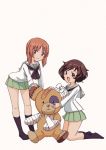  2girls :d akiyama_yukari bandages bandaid bangs black_legwear black_neckwear blouse boko_(girls_und_panzer) brown_eyes brown_hair commentary eyebrows_visible_through_hair girls_und_panzer green_skirt holding holding_stuffed_animal kneeling leaning_forward light_smile long_sleeves looking_at_viewer messy_hair miniskirt multiple_girls munisuke_(zrkt7883) neckerchief nishizumi_miho no_shoes ooarai_school_uniform open_mouth pleated_skirt sailor_collar school_uniform serafuku short_hair simple_background skirt smile socks standing stuffed_animal stuffed_toy teddy_bear white_background white_blouse white_sailor_collar 