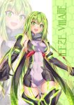  1girl :d bangs black_scarf bodysuit character_name character_request copyright_request covered_navel detached_sleeves eyebrows_visible_through_hair green_eyes green_hair highres i.takashi looking_down open_mouth scarf smile solo thigh_strap 