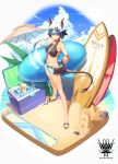  1girl absurdres alternate_costume arknights bangs bare_shoulders baseball_cap bikini blue_hair bracelet breasts ch&#039;en_(arknights) day dragon_horns dragon_tail eyewear_on_headwear folded_ponytail full_body hair_between_eyes hat highleg highleg_bikini highres holding holding_innertube horns innertube jaws_(okdol0928) jewelry long_hair looking_at_viewer medium_breasts navel open_fly outdoors red_eyes sandals short_shorts shorts sidelocks solo stomach sunglasses surfboard swimsuit tail thighs wet 