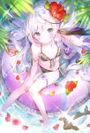  1girl bangs bare_legs bare_shoulders barefoot bikini black_bikini blue_eyes blush collarbone eyebrows eyebrows_visible_through_hair flower hair_flower hair_ornament highres ibara_riato innertube long_hair looking_at_viewer navel official_art smile swimsuit thigh_strap white_hair 