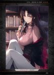  1girl aran_sweater artist_name bangs black_hair black_jacket blush book bookshelf breasts casual closed_mouth commentary cowboy_shot day english_text eyebrows_visible_through_hair eyelashes fate/empire_of_dirt fate_(series) gradient_hair hair_between_eyes hair_ribbon haoni highres holding holding_book indoors jacket jewelry large_breasts light_particles lips long_hair looking_at_viewer multicolored_hair necklace off_shoulder page_number pants parted_bangs pendant pink_sweater redhead ribbed_sweater ribbon sesshouin_kiara sitting smile solo straight_hair sunlight sweater turtleneck turtleneck_sweater two-tone_hair white_pants yellow_eyes 