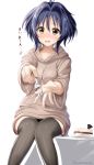  1girl 22/7 ahoge artist_name black_legwear blue_hair blush brown_eyes brown_hoodie cake flustered food fork hair_intakes highres hood hood_down hoodie short_hair simple_background sitting solo takigawa_miu thigh-highs yukimi_kazusa 