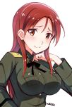  1girl black_ribbon breasts commentary_request highres kuroten long_hair medium_breasts military military_jacket military_uniform minna-dietlinde_wilcke neck_ribbon red_eyes redhead ribbon simple_background solo strike_witches uniform upper_body white_background world_witches_series 