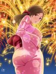  1girl aerial_fireworks ass breasts brown_eyes brown_hair fireworks floral_print from_behind from_below highres island_lagoon japanese_clothes kimono large_breasts long_hair night night_sky obi original pink_kimono print_kimono sash sky solo wide_sleeves yukata 