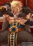  1boy abs bara beard blonde_hair bwanga chest dungeon_and_fighter facial_hair holding kienbiu looking_at_viewer male_focus manly medium_hair muscle nipples over_shoulder pectorals red_eyes shirtless smile solo upper_body weapon weapon_over_shoulder 