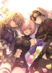  3girls bare_shoulders blonde_hair blue_eyes breasts elbow_gloves fate/grand_order fate_(series) flower gauntlets gloves grey_hair hair_over_one_eye highres jeanne_d&#039;arc_(alter)_(fate) jeanne_d&#039;arc_(fate) jeanne_d&#039;arc_(fate)_(all) leotard looking_at_viewer lying mash_kyrielight mashuu_(neko_no_oyashiro) medium_breasts multiple_girls navel navel_cutout on_back on_side open_mouth pink_hair short_hair sleeveless smile violet_eyes yellow_eyes 