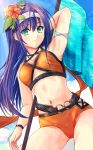  1girl arm_up bikini blue_hair closed_mouth fire_emblem fire_emblem:_radiant_dawn fire_emblem_heroes flower fuussu_(21-kazin) green_eyes hair_flower hair_ornament hairband holding long_hair mia_(fire_emblem) orange_bikini smile solo swimsuit white_hairband 