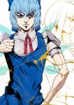  1girl absurdres araki_hirohiko_(style) blue_bow blue_dress blue_eyes blue_hair bow character_request cirno closed_mouth collared_shirt derivative_work dress giorno_giovanna grey_shirt hair_between_eyes hair_bow highres jojo_no_kimyou_na_bouken jojo_pose looking_at_viewer manga_panel_redraw neck_ribbon pose puffy_short_sleeves puffy_sleeves red_neckwear red_ribbon ribbon shirt short_hair short_sleeves solo stand_(jojo) takada_sekiyu_(kabu) touhou transparent_background upper_body vento_aureo wing_collar wings 