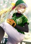  1girl absurdres baseball_cap baseball_mitt baseball_uniform blonde_hair bodysuit hat heterochromia highres hoshikawa_sara leg_up misaki_nonaka nijisanji pants red_eyes short_sleeves solo sportswear virtual_youtuber yellow_eyes 