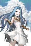  1girl :d absurdres ahoge blue_eyes blue_hair breasts bridal_gauntlets chobbb choker clouds collarbone cowboy_shot dress floating_hair granblue_fantasy hair_intakes highres long_hair lyria_(granblue_fantasy) open_mouth pleated_dress short_dress sleeveless sleeveless_dress small_breasts smile solo standing very_long_hair white_choker white_dress 