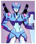  1girl arm_behind_back autobot blue_eyes chromia clenched_hand collaboration holding holding_shield josh_burcham looking_at_viewer no_humans shield solo transformers wheel will_mangin 