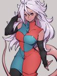  1girl android_21 black_legwear breasts checkered checkered_dress closed_mouth detached_sleeves dragon_ball dragon_ball_fighterz dress earrings grey_background hair_between_eyes hoop_earrings jewelry kemachiku large_breasts long_hair looking_at_viewer majin_android_21 pantyhose pink_hair red_eyes red_skin simple_background smile solo tail 