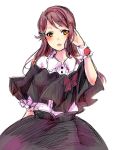  1girl absurdres bangs black_skirt brown_hair collared_shirt dress_shirt floating_hair hair_ornament hand_in_hair highres long_hair looking_at_viewer love_live! love_live!_sunshine!! sakurauchi_riko shiny shiny_hair shirt simple_background sketch skirt solo standing swept_bangs uro_(m369) white_background white_shirt wing_collar wrist_cuffs yellow_eyes 