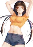  1girl bangs blue_shorts brown_hair character_name closed_mouth commentary_request cowboy_shot crop_top eyebrows_visible_through_hair girls_frontline hands_above_head heterochromia highres long_hair midriff multicolored_hair navel red_eyes ro635_(girls_frontline) shorts simple_background solo streaked_hair twintails white_background white_hair xanax025 yellow_eyes 