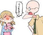  1boy 1girl animal bald beige_shirt blonde_hair blue_shirt commentary_request courage_(character) courage_the_cowardly_dog crying dog drill_hair eustace_bagge glasses green_neckwear holding holding_animal holding_dog idolmaster idolmaster_cinderella_girls idolmaster_cinderella_girls_starlight_stage morikubo_nono open_mouth ro_(aahnn) shirt tears translation_request 