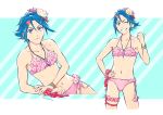  1boy absurdres bangs bikini blue_background blue_hair bracelet closed_mouth collarbone cosplay crossdressinging flower freyja_wion freyja_wion_(cosplay) grin hair_between_eyes hair_flower hair_ornament hand_on_hip hayate_immelmann heart heart_hair_ornament highres jewelry looking_at_viewer macross macross_delta male_focus mosako navel necklace pink_bikini side-tie_bikini smile solo striped striped_background swimsuit v-shaped_eyebrows white_background white_flower 