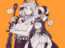  2girls :/ ? anger_vein angry bangs bare_arms bare_shoulders cape chain closed_mouth club covered_navel cuffs earrings hands_up height_difference holding holding_weapon horns japanese_clothes jewelry kanabou kataginu long_hair long_sleeves looking_at_another mask middle_finger multicolored_horns multiple_girls one_piece oni orange_background rope shackles shimenawa simple_background sleeveless spoken_anger_vein spoken_question_mark ulti_(one_piece) upper_body v-shaped_eyebrows wakao_(wakaogm) weapon yamato_(one_piece) 