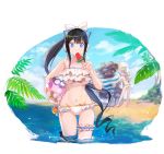  2girls absurdres ball beach beachball black_hair blue_eyes blue_ribbon bow bra breasts enoch_(soulworker) eyebrows_visible_through_hair flower food food_in_mouth frilled_bra frilled_swimsuit frills green_swimsuit grey_hair hair_between_eyes hat headphones highres holding holding_food jack_the_king_(soulworker) long_hair multiple_girls noa_(soul_worker) partially_submerged ponytail popsicle ribbon see-through_skirt shallow_water shirt signature skirt sky soul_worker straw_hat striped striped_shirt suvin_(mononochi) swimsuit under_boob underwear watermelon_bar white_ribbon white_swimsuit 