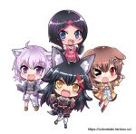  &gt;_o 4girls animal_ear_fluff animal_ears azki_(hololive) black_hair black_shirt black_skirt blue_eyes blush bone_hair_ornament brown_hair cat_ears cat_girl cat_tail chibi colonel_aki commentary detached_sleeves dog_ears dog_girl dog_tail dress english_commentary eyebrows_visible_through_hair fang hair_between_eyes hair_ornament hairclip hololive inugami_korone jacket leg_up long_hair looking_at_viewer multicolored_hair multiple_girls nekomata_okayu one_eye_closed onigiri_print ookami_mio open_clothes open_jacket open_mouth pink_hair purple_hair red_eyes redhead shirt short_hair simple_background skin_fang skirt tail two-tone_hair violet_eyes white_background white_dress wolf_ears wolf_girl wolf_tail yellow_eyes yellow_jacket 