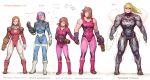  5girls alternate_costume arm_cannon arne_(android_arts) blonde_hair blue_bodysuit bodysuit breasts brown_hair commentary english_commentary hand_cannon height_chart holding_hands justin_bailey long_hair medium_breasts medium_hair metroid multicolored multicolored_bodysuit multicolored_clothes multiple_girls multiple_persona muscle muscular_female pink_bodysuit ponytail purple_hair red_bodysuit samus_aran science_fiction shoulder_tattoo sleeveless tattoo varia_suit weapon zero_suit 