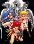  1980s_(style) 3girls akaishizawa_takashi armor bikini_armor blonde_hair blue_hair capelet daitokuji_biko earrings green_eyes highres holding holding_sword holding_weapon jewelry kotobuki_shiiko looking_at_viewer magami_eiko monster_girl multiple_girls navel official_art oldschool open_mouth ornament project_a-ko red_eyes redhead shield smile sword thighlet vambraces weapon 