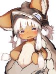  1other absurdres ambiguous_gender animal_ears animal_helmet blush blush_stickers eyebrows_visible_through_hair fang flat_chest from_below furry hands_on_hips hat highres horizontal_pupils long_hair looking_at_viewer made_in_abyss nanachi_(made_in_abyss) navel open_mouth pants rabbit_ears sidelocks skin_fang smile tab_head topless very_long_hair whiskers white_hair yellow_eyes 